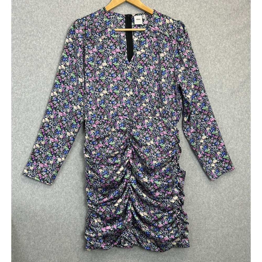 ICHI Mini Dress Dark Floral Ruched Long Sleeve V-Neck Garden UK Size 40 / US L